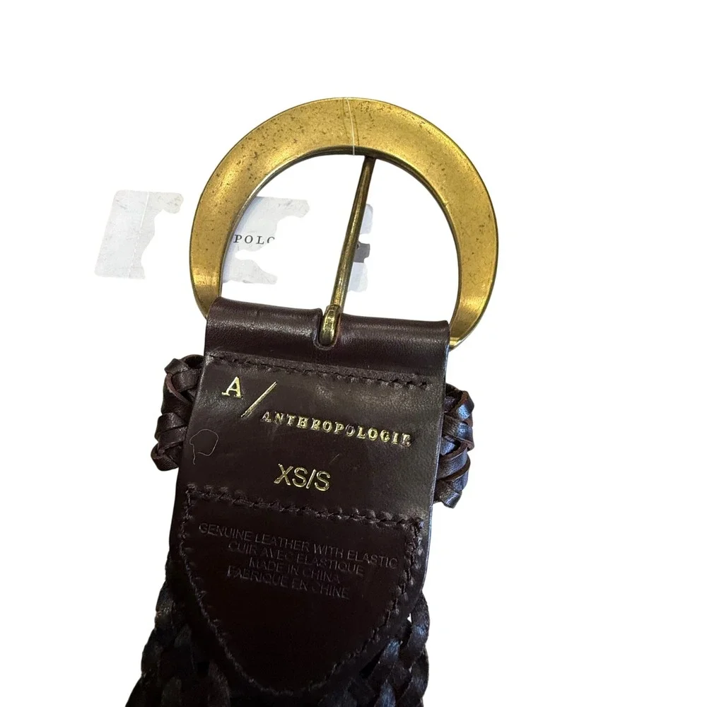 Anthropologie‎ Woven Leather Elastic Waist Belt Brown Gold Buckle XS/S New